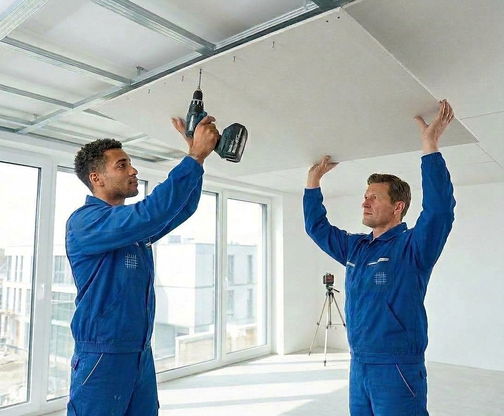 Instalação de forro em drywall em ambiente amplo e iluminado